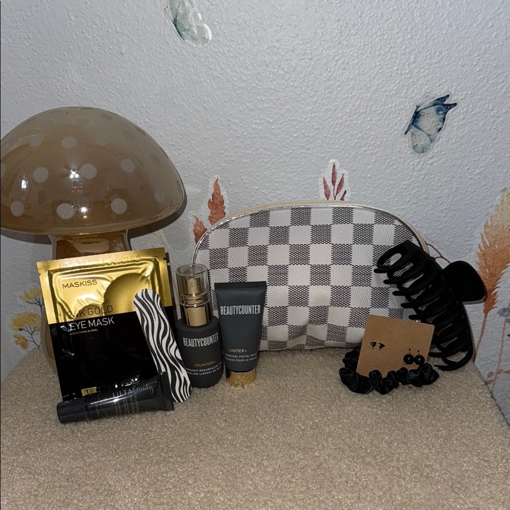 Checkered Cosmetic Bag with Beauty Products